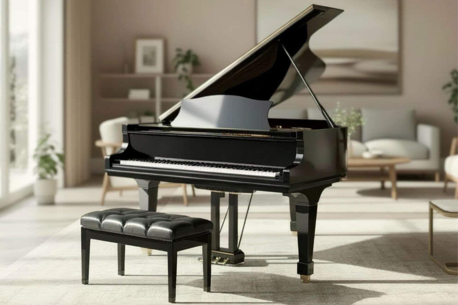 Professional piano movers carefully moving a grand piano in a Cache Valley Utah home